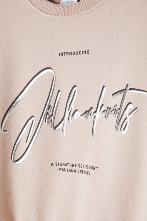 Krem Hologram Yazı Baskılı Kız Çocuk Eşofman Takımı 16345