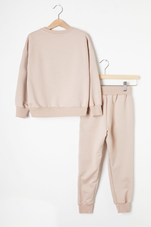 Krem Hologram Yazı Baskılı Kız Çocuk Eşofman Takımı 16345