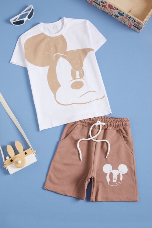 Krem Karakter Baskılı Erkek Çocuk Şortlu Takım 16031