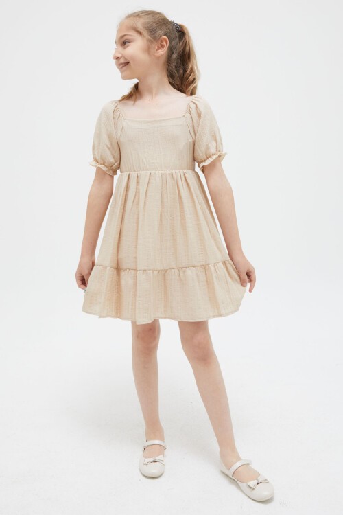 Krem Kız Çocuk Omuz Askılı Elbise 15416