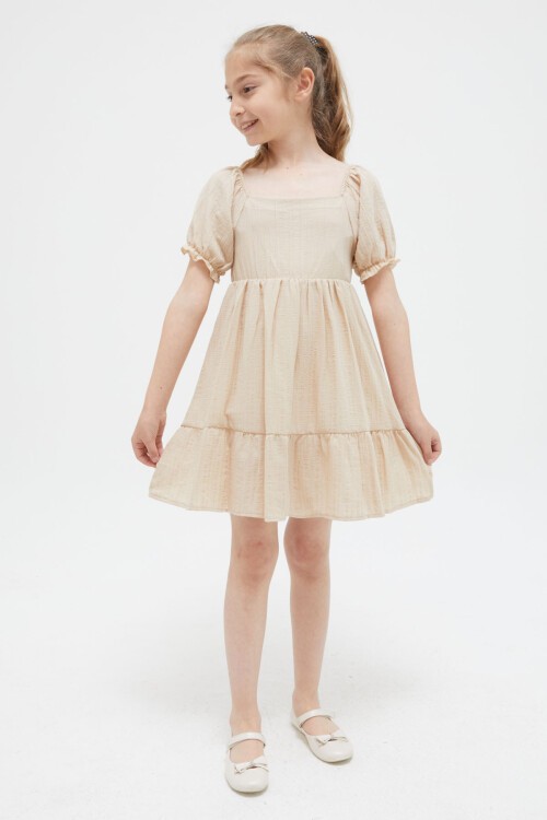 Krem Kız Çocuk Omuz Askılı Elbise 15416