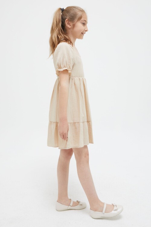 Krem Kız Çocuk Omuz Askılı Elbise 15416