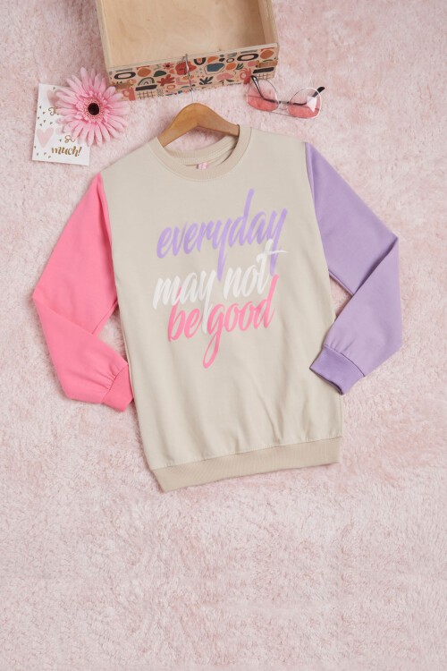 Krem Kolları Renkli Yazı Baskılı Kız Çocuk Sweatshirt 16281