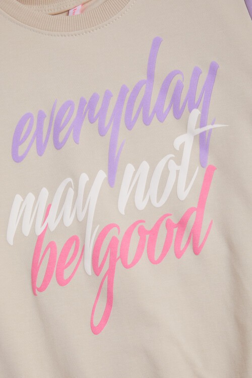 Krem Kolları Renkli Yazı Baskılı Kız Çocuk Sweatshirt 16281