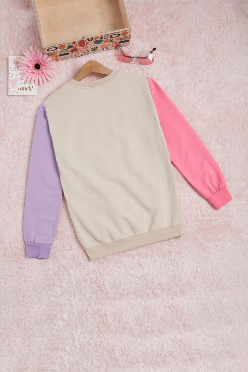 Krem Kolları Renkli Yazı Baskılı Kız Çocuk Sweatshirt 16281