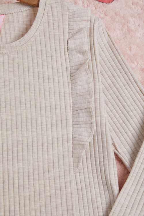 Krem Önü Fırfırlı Fitilli Uzun Kollu Sweatshirt