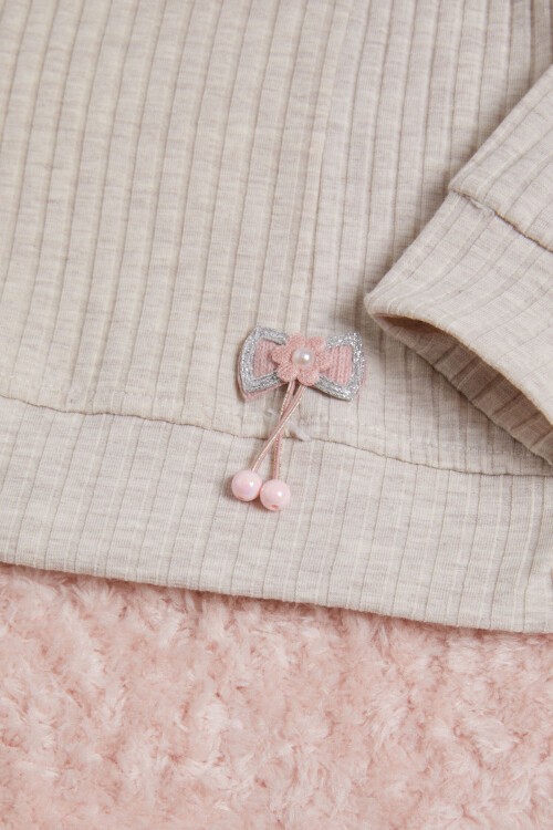 Krem Önü Fırfırlı Fitilli Uzun Kollu Sweatshirt