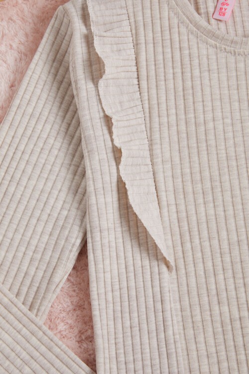 Krem Önü Fırfırlı Fitilli Uzun Kollu Sweatshirt