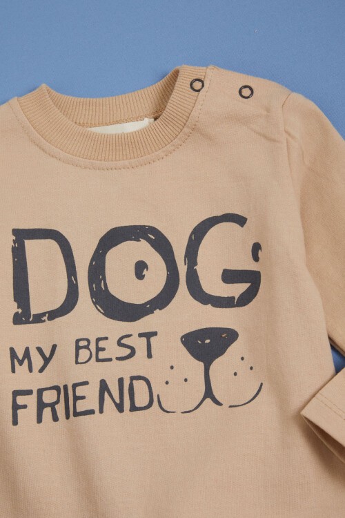 Krem Pati Baskılı Kulaklı Şişme Yelekli Erkek bebek 3lü Takım 16045