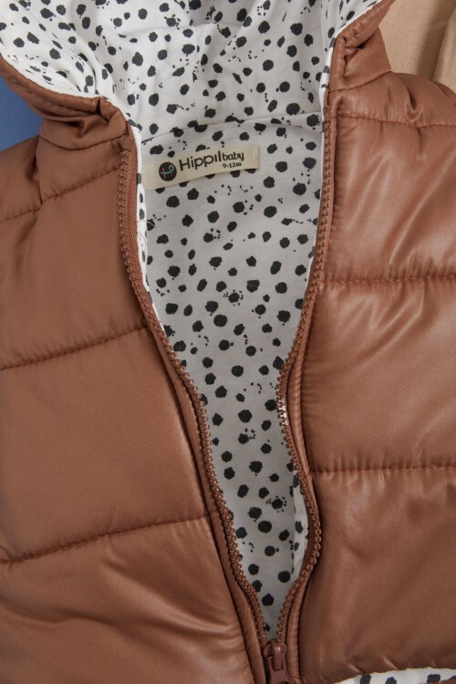 Krem Pati Baskılı Kulaklı Şişme Yelekli Erkek bebek 3lü Takım 16045