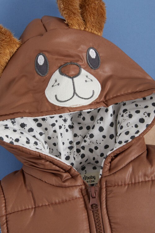 Krem Pati Baskılı Kulaklı Şişme Yelekli Erkek bebek 3lü Takım 16045