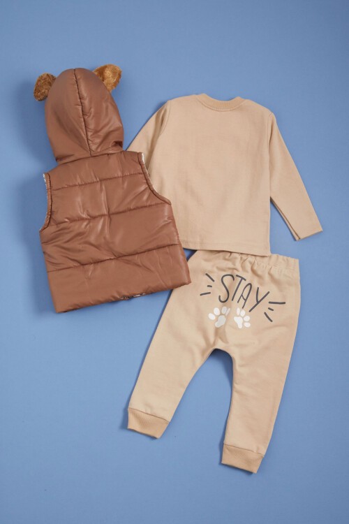 Krem Pati Baskılı Kulaklı Şişme Yelekli Erkek bebek 3lü Takım 16045
