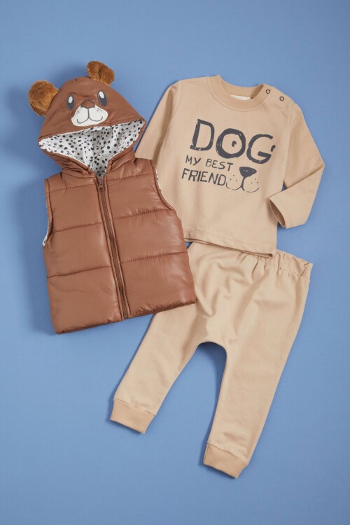 Krem Pati Baskılı Kulaklı Şişme Yelekli Erkek bebek 3lü Takım 16045