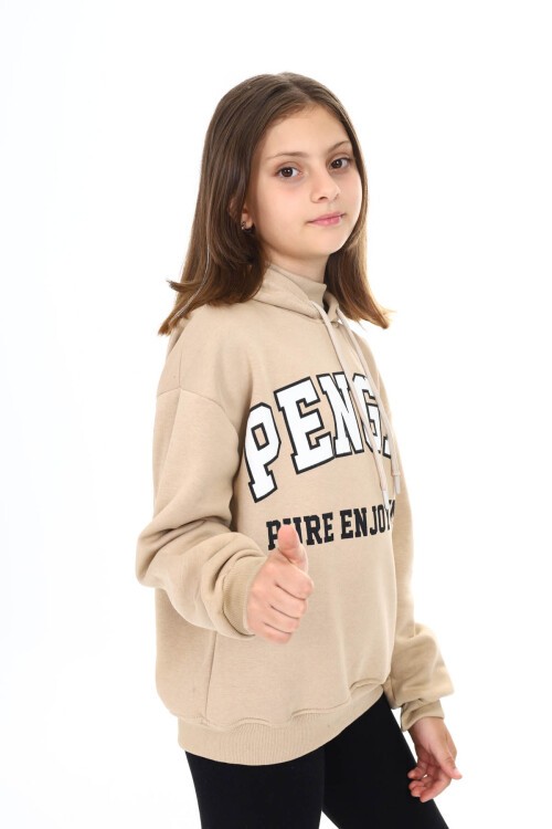 Krem Pengai Yazı Baskı Polarlı Kız Çocuk Sweatshirt 16462