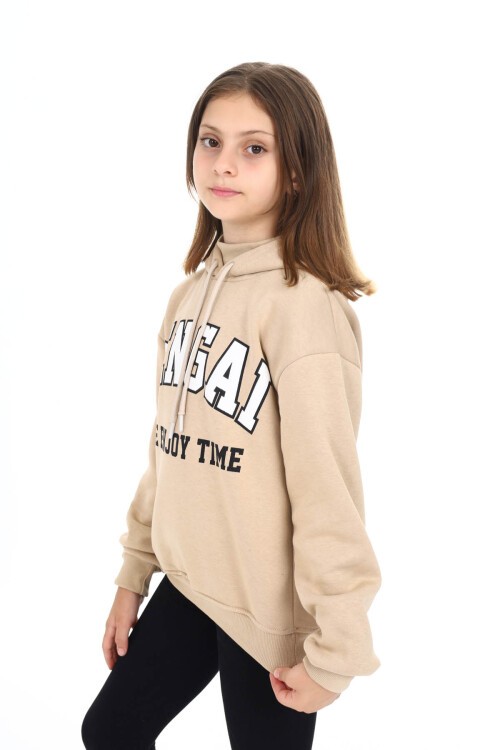 Krem Pengai Yazı Baskı Polarlı Kız Çocuk Sweatshirt 16462