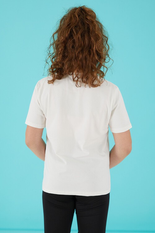 Krem Simli Yazılı Baskılı Kız Tişört 15666