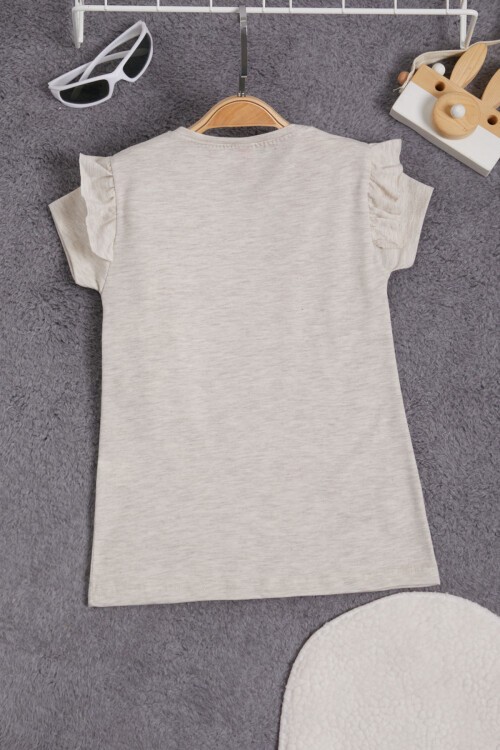 Krem Tavşan Detaylı Fırfırlı Kız Çocuk T-shirt 15545