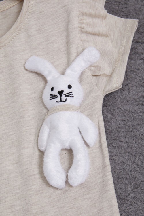 Krem Tavşan Detaylı Fırfırlı Kız Çocuk T-shirt 15545