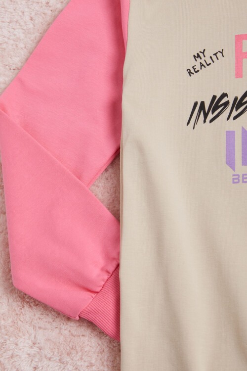 Krem Yazı Baskı Renkli Kollu Kapüşonlu Kız Çocuk Sweatshirt 16297