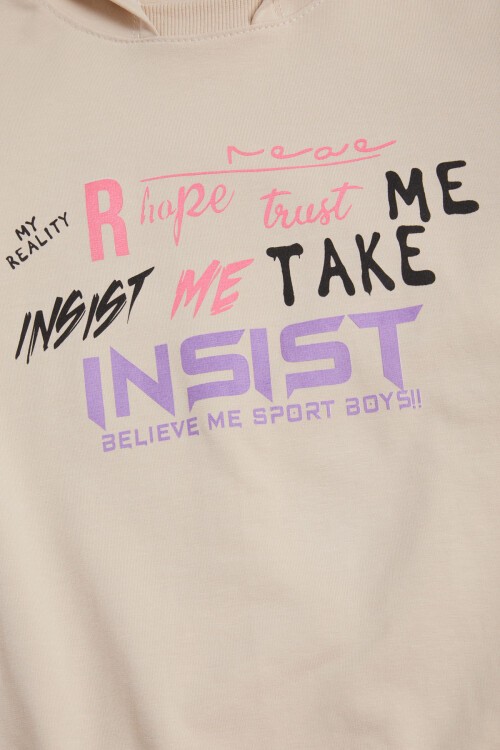 Krem Yazı Baskı Renkli Kollu Kapüşonlu Kız Çocuk Sweatshirt 16297