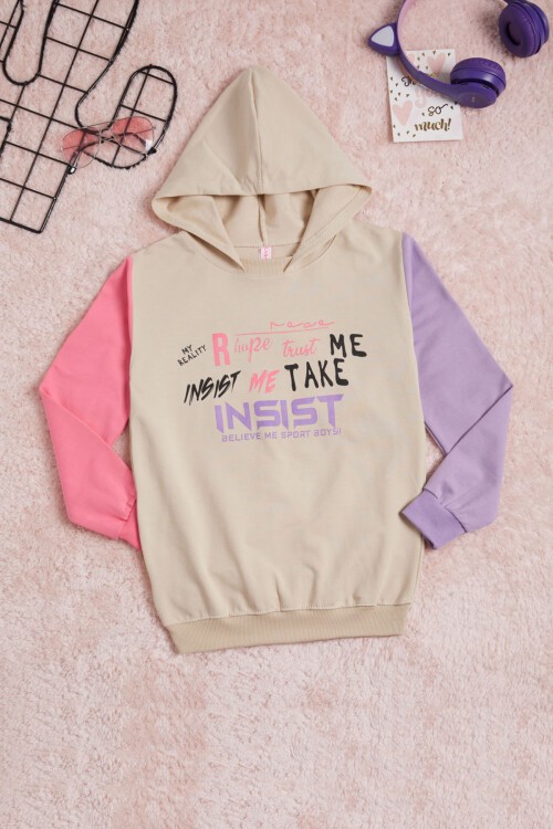 Krem Yazı Baskı Renkli Kollu Kapüşonlu Kız Çocuk Sweatshirt 16297