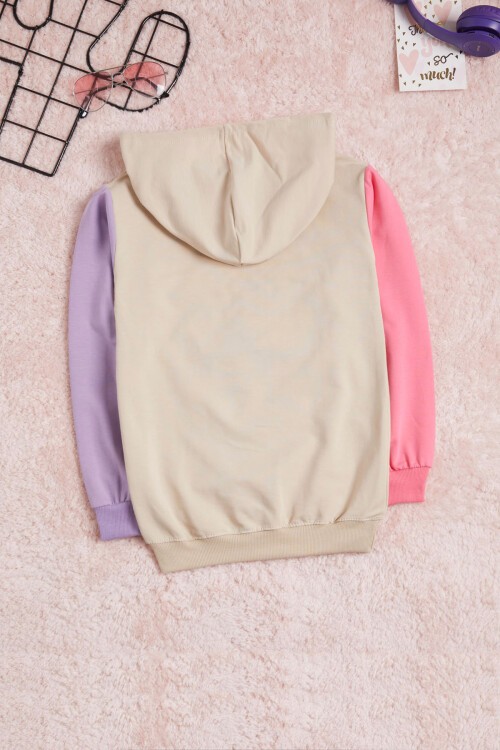 Krem Yazı Baskı Renkli Kollu Kapüşonlu Kız Çocuk Sweatshirt 16297