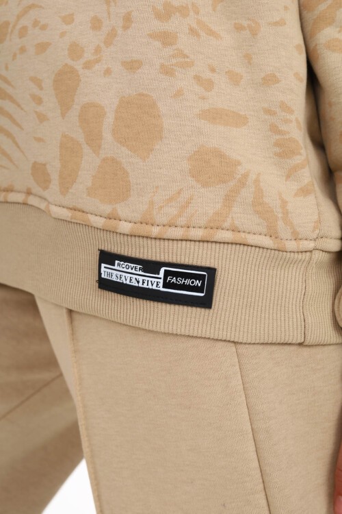 Krem Yazı Baskılı Geniş Paça Polarlı Kız Çocuk Eşofman Takımı 16449