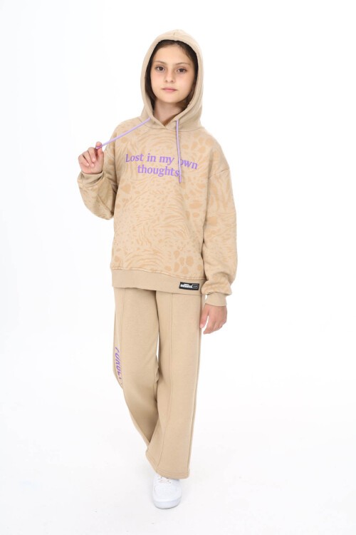 Krem Yazı Baskılı Geniş Paça Polarlı Kız Çocuk Eşofman Takımı 16449