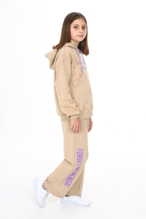 Krem Yazı Baskılı Geniş Paça Polarlı Kız Çocuk Eşofman Takımı 16449
