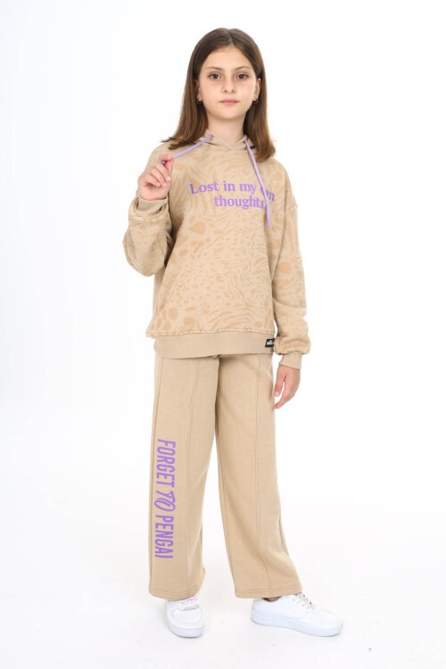 Krem Yazı Baskılı Geniş Paça Polarlı Kız Çocuk Eşofman Takımı 16449