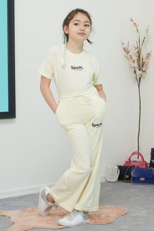 Krem Yazı Baskılı Kız Çocuk Alt Üst Takım 15395