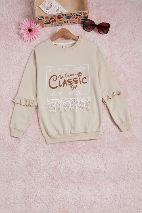 Krem Yazı Baskılı Püsküllü Kız Çocuk Sweatshirt 16310