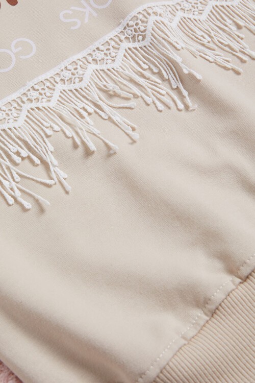 Krem Yazı Baskılı Püsküllü Kız Çocuk Sweatshirt 16310