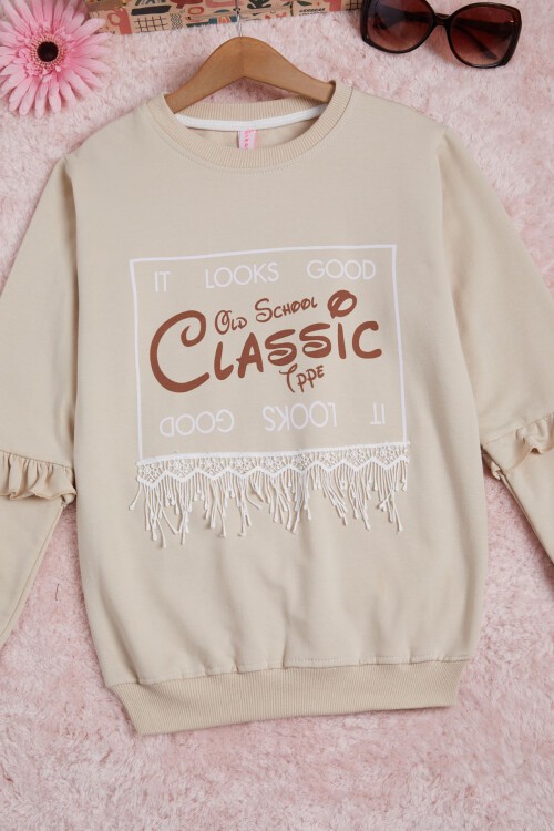 Krem Yazı Baskılı Püsküllü Kız Çocuk Sweatshirt 16310