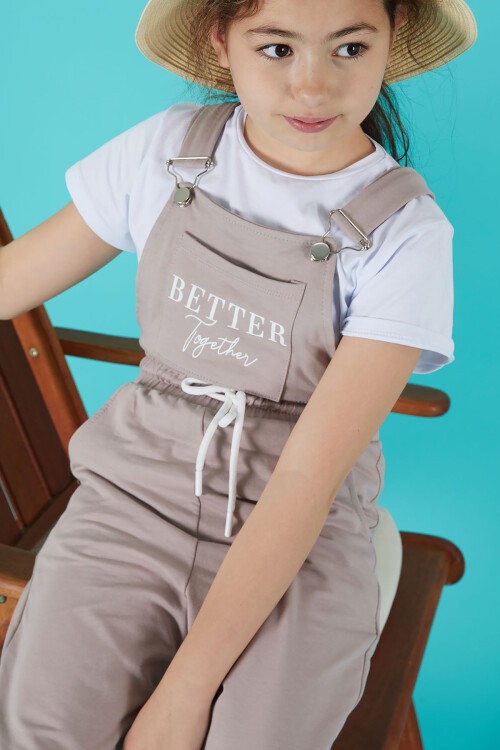 Krem Yazı Baskılı Tişörtlü Kız Salopet Tulum 15682