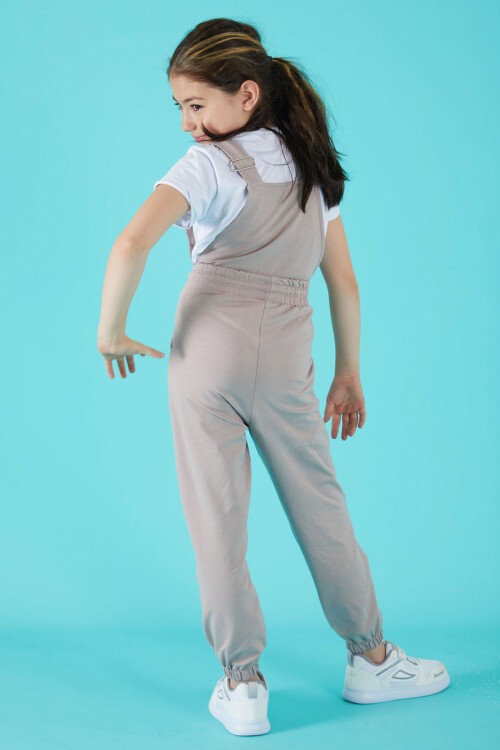 Krem Yazı Baskılı Tişörtlü Kız Salopet Tulum 15682