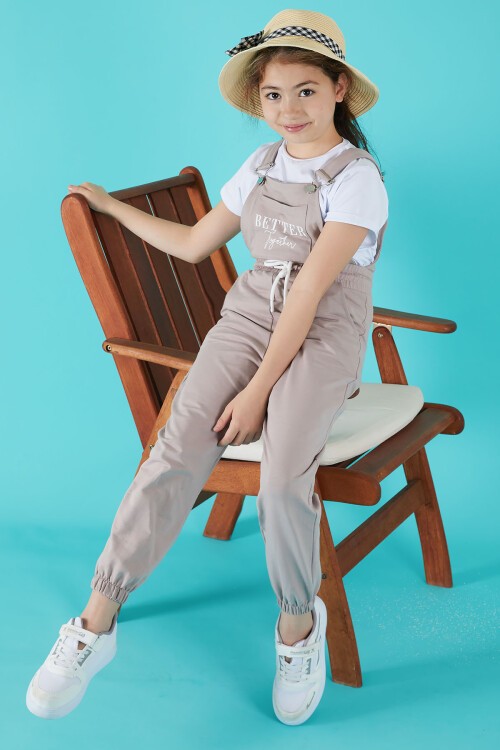 Krem Yazı Baskılı Tişörtlü Kız Salopet Tulum 15682