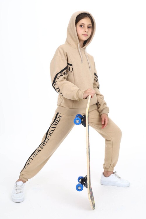 Krem Yazı Şeritli Polarlı Kız Çocuk Kapşonlu Eşofman Takımı 16440