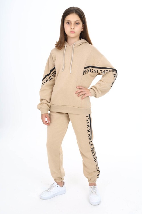 Krem Yazı Şeritli Polarlı Kız Çocuk Kapşonlu Eşofman Takımı 16440