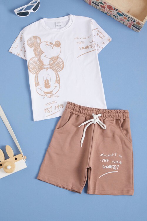 Krem Yazılı Karakter Baskılı Erkek Çocuk Şortlu Takım 16035