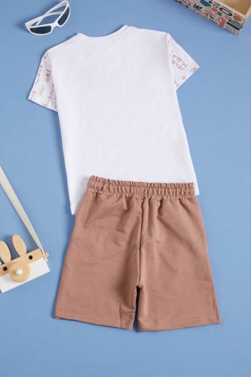 Krem Yazılı Karakter Baskılı Erkek Çocuk Şortlu Takım 16035