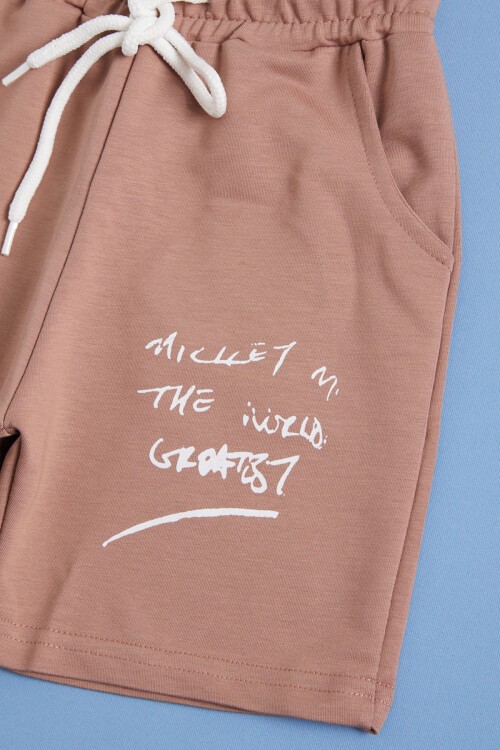 Krem Yazılı Karakter Baskılı Erkek Çocuk Şortlu Takım 16035