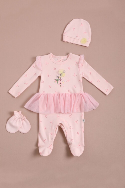 Kuş Baskılı Çiçekli Şapkalı Kız Bebek Tulum Takım 16129