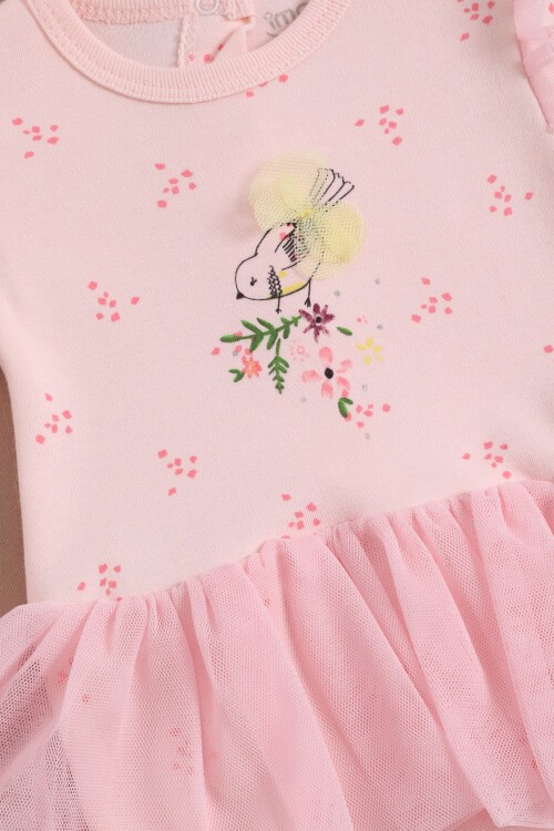 Kuş Baskılı Çiçekli Şapkalı Kız Bebek Tulum Takım 16129