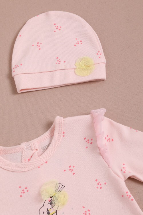 Kuş Baskılı Çiçekli Şapkalı Kız Bebek Tulum Takım 16129