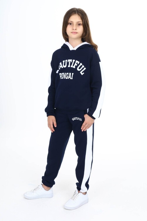 Lacivert Beautiful Baskılı Kız Çocuk Polarlı Eşofman Takımı 16523