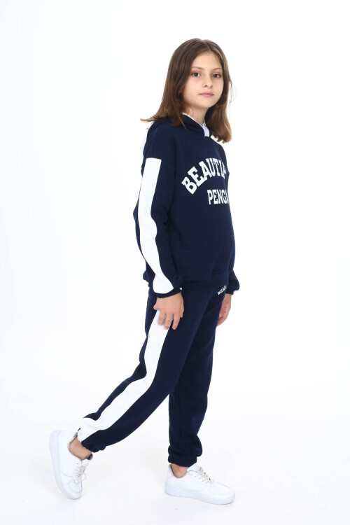 Lacivert Beautiful Baskılı Kız Çocuk Polarlı Eşofman Takımı 16523