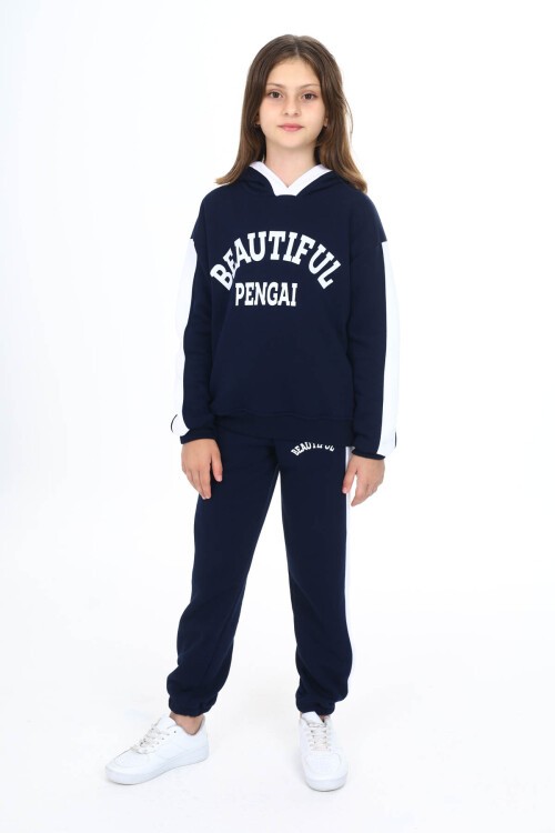Lacivert Beautiful Baskılı Kız Çocuk Polarlı Eşofman Takımı 16523
