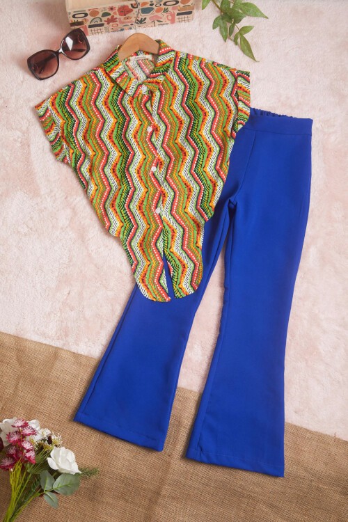 Lacivert Desenli Gömlekli İspanyol Paça Pantolon Kız Takım 15600