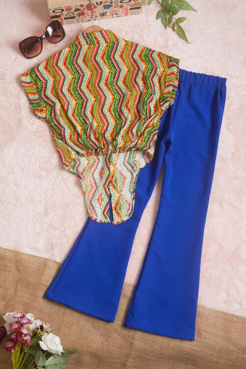 Lacivert Desenli Gömlekli İspanyol Paça Pantolon Kız Takım 15600